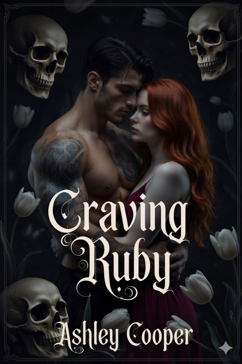 Craving Ruby book cover - a dark romance novel featuring a tattooed man and red-haired woman surrounded by white tulips and skulls